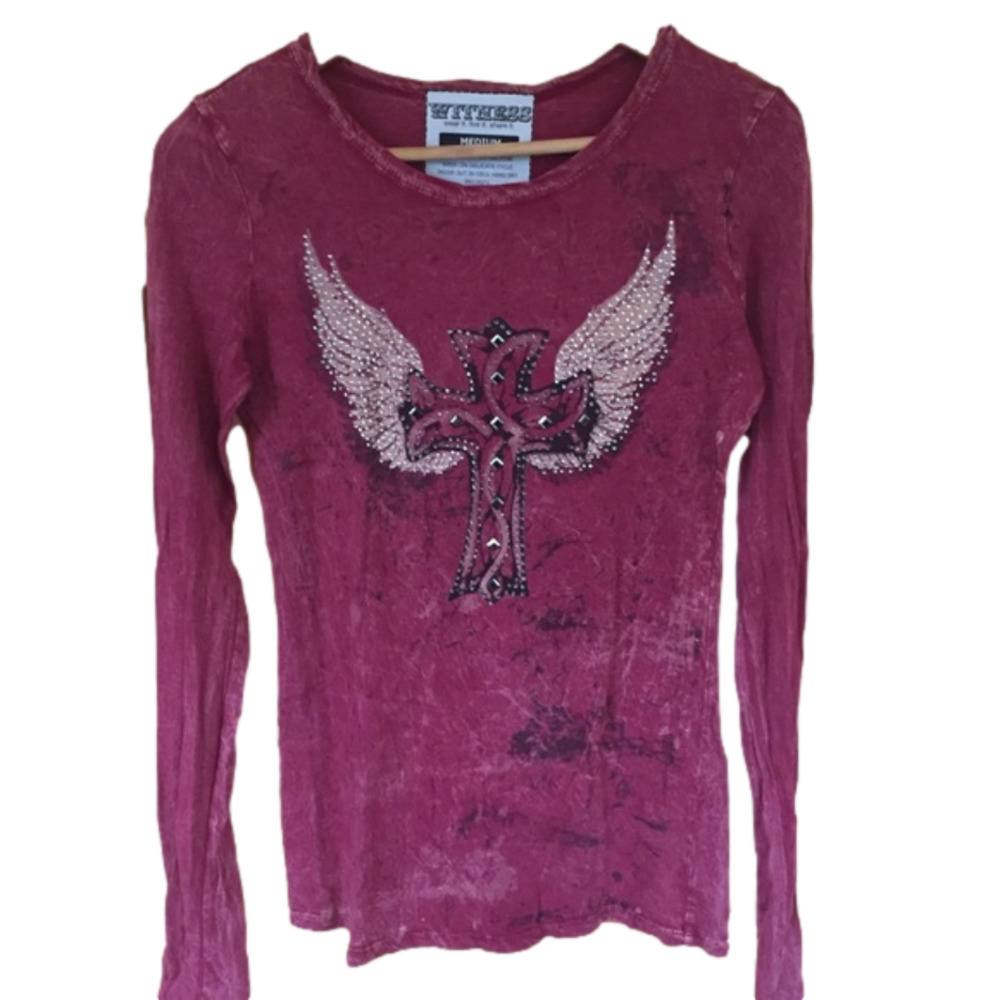 Witness long sleeve pink distressed cross TOP size Medium